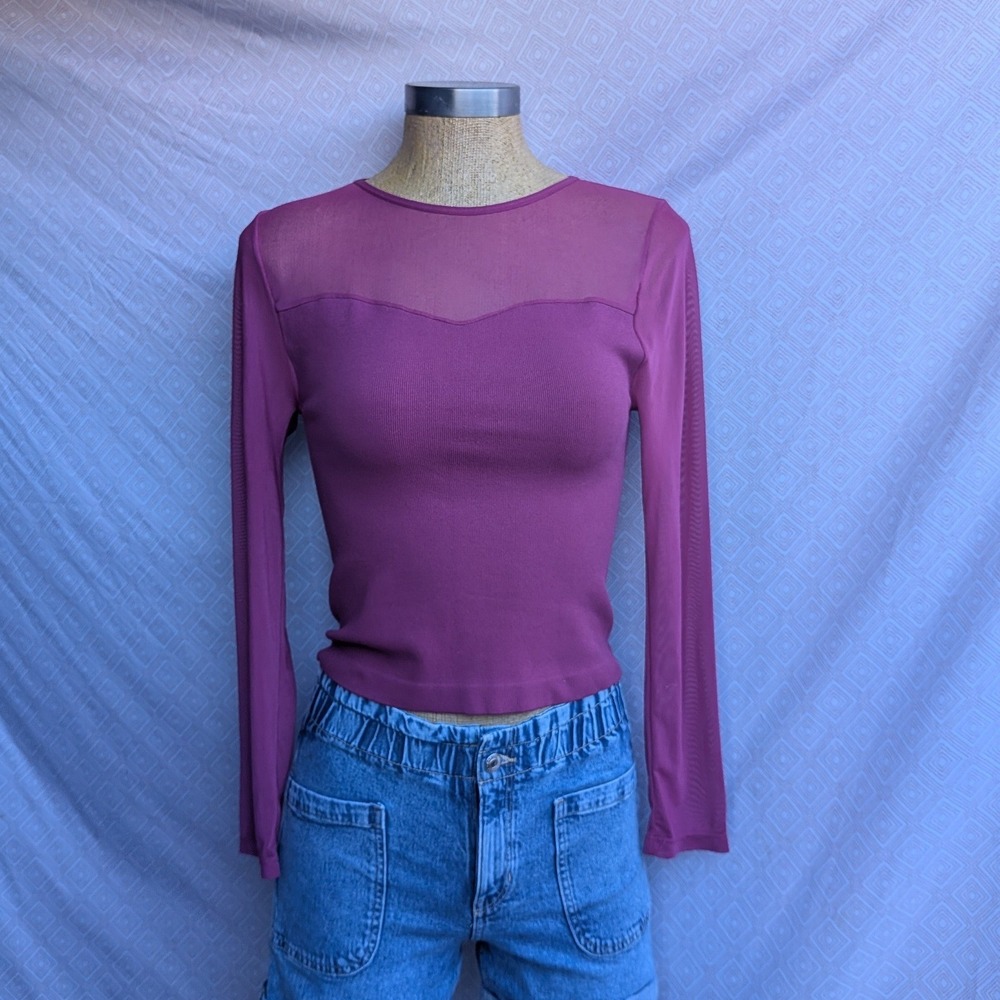 Coco & Shay Top Women L Berry Pink Excellent Mesh Ribbed Long Sleeve JTK1244
